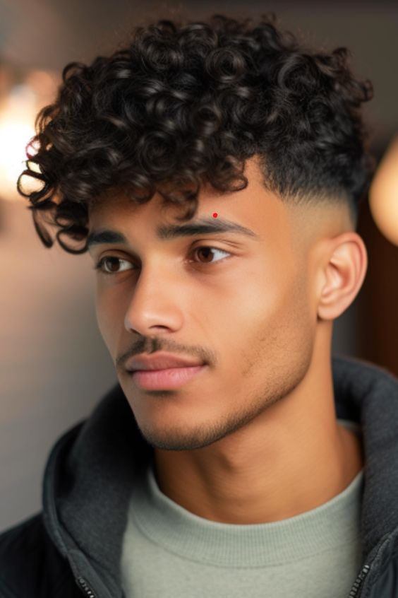 Curly taper fade hairstyle for men, featuring a gradual fade on the sides with defined curls on top