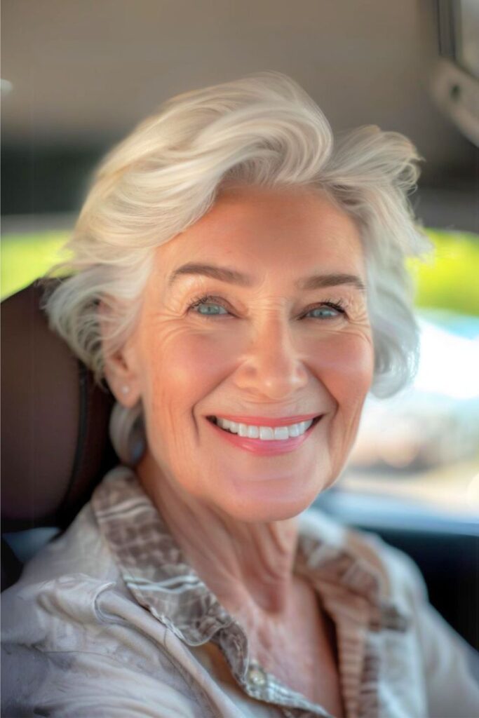 Short, layered waves gray hairstyle for women over 70.