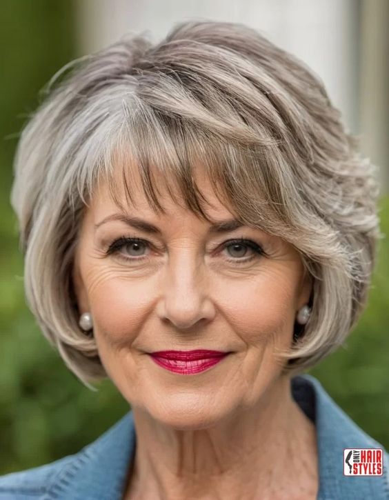 Short tapered layers with fringe gray hairstyle for women over 70.