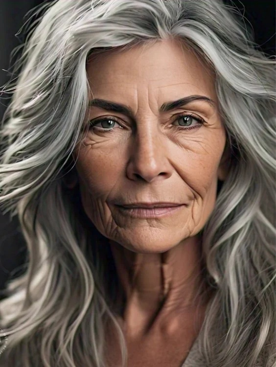 Shoulder-grazing layers gray hairstyle for women over 70.