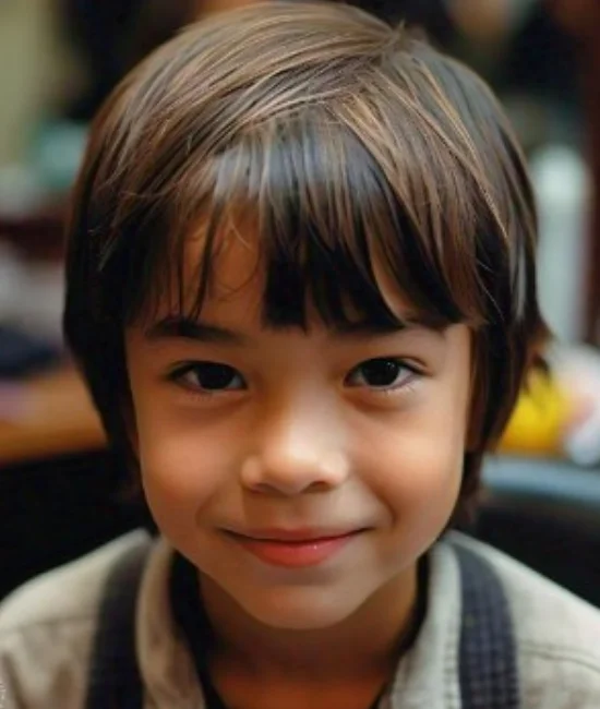 Kid with short hair and side-swept bangs, adding style.