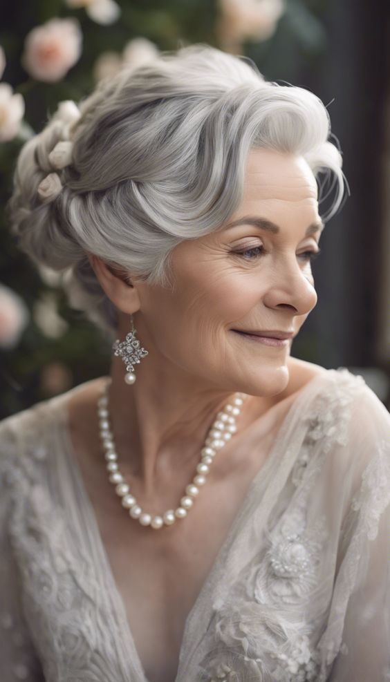 Side-swept silver chignon gray hairstyle for women over 70.