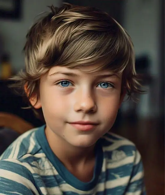 Boy with wavy hair and a side part, enhancing natural texture.