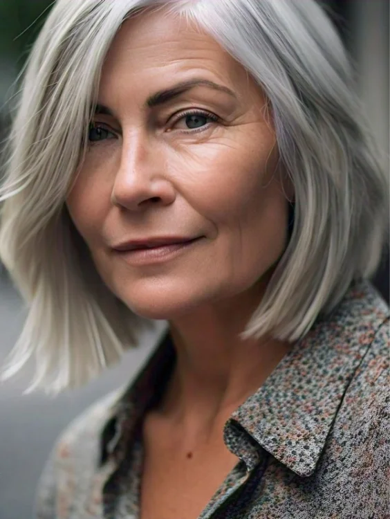 Elegant silver bob hairstyle for women over 50 showcasing natural grey hair.