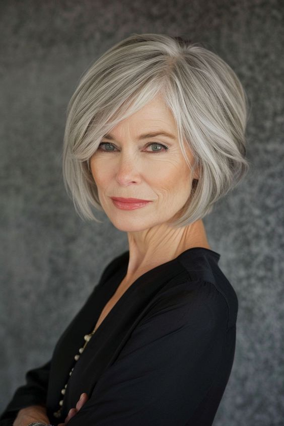 Silver-toned layered bob gray hairstyle for women over 70