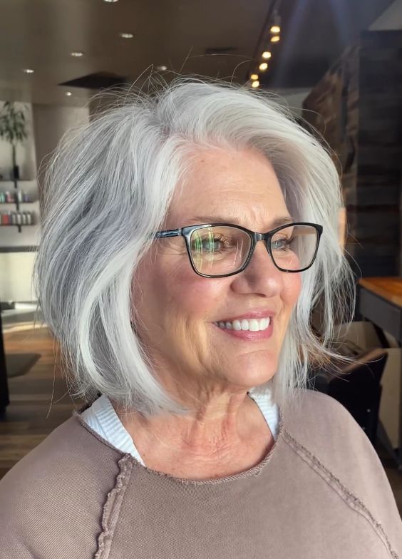 Silvery blonde bob gray hairstyle for women over 70