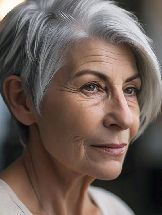 Sleek short bob gray hairstyle for women over 70.