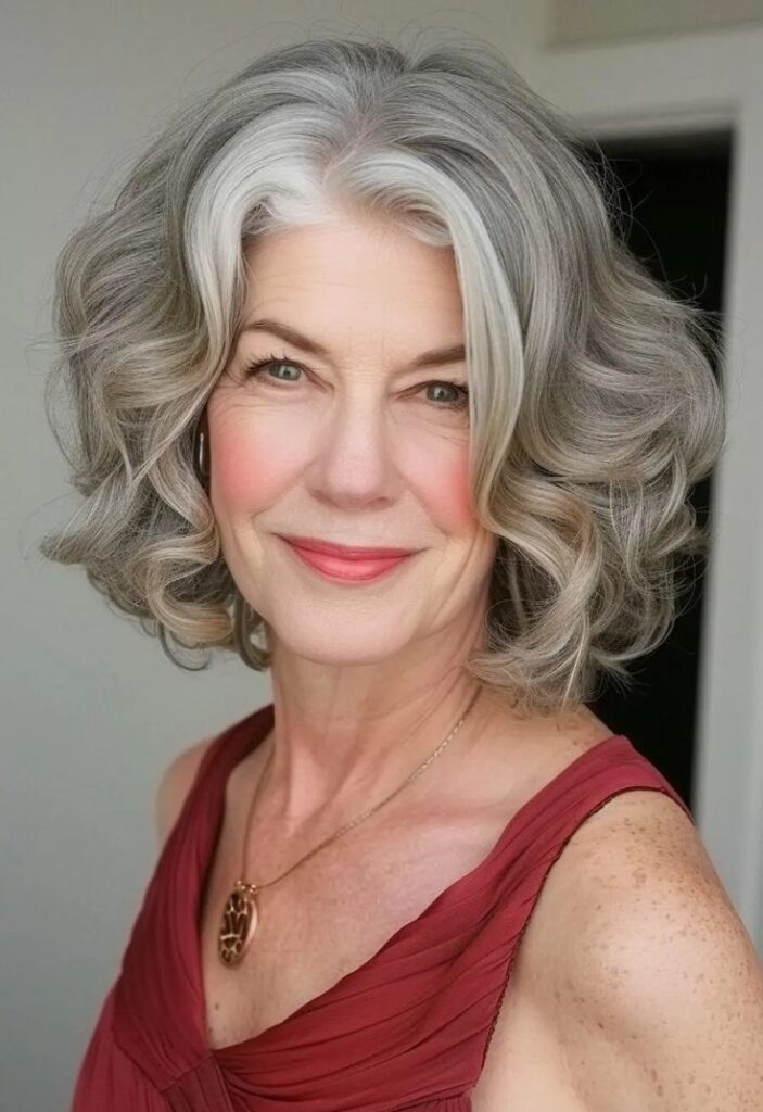 Softly layered silver bob gray hairstyle for women over 70.