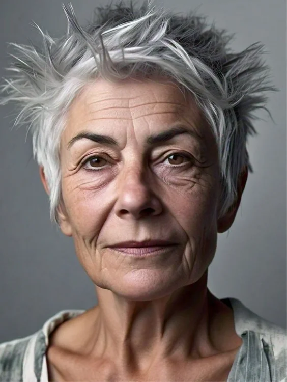 Spiky short pixie gray hairstyle for women over 70.