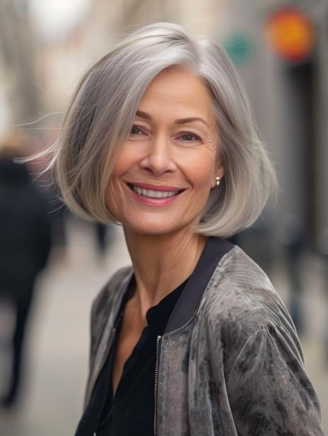 Textured chin-length bob gray hairstyle for women over 70.