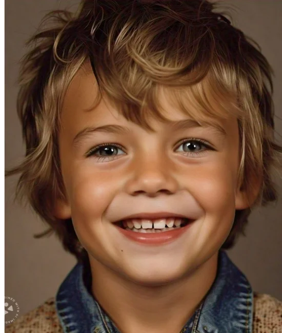 Boy with a textured crop hairstyle, short sides, and longer top.