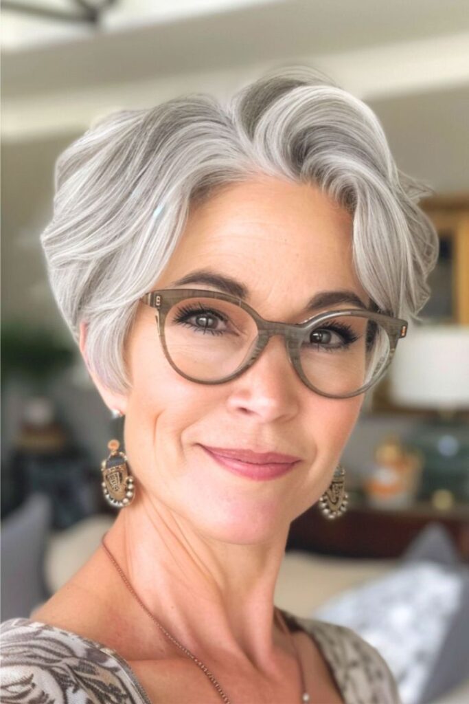 Textured short pixie gray hairstyle for women over 70