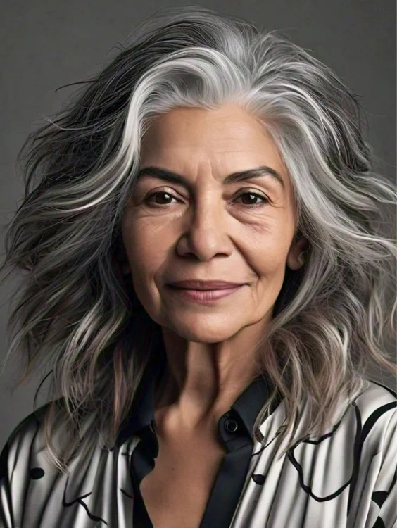 Wavy layers with volume gray hairstyle for women over 70.