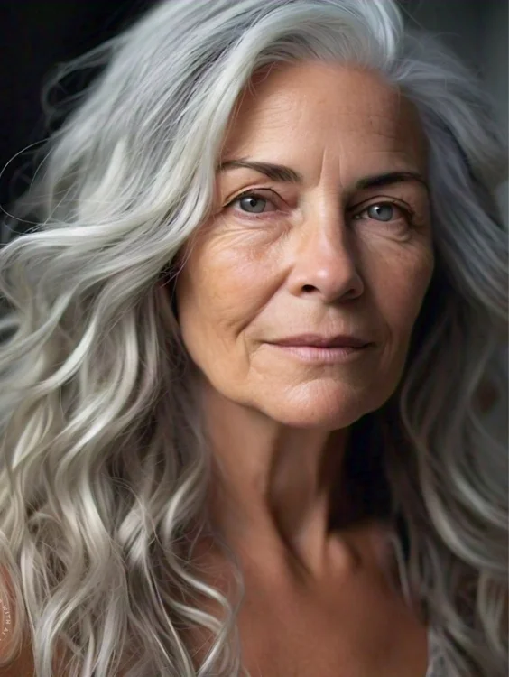 Wavy shoulder-length cut gray hairstyle for women over 70.