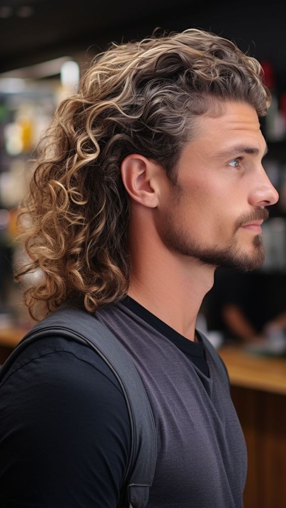 Wavy mullet haircut showcasing natural curls and layered back