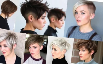 Close-up of a young woman with an edgy undercut short pixie haircut, showcasing the bold, sleek, and modern style from various angles.