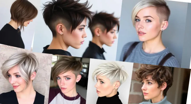 Close-up of a young woman with an edgy undercut short pixie haircut, showcasing the bold, sleek, and modern style from various angles.