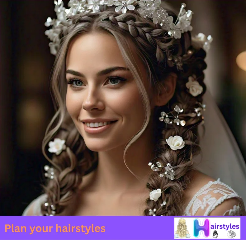 Bride wearing a romantic braid crown intertwined with greenery, evoking a fairytale-inspired bridal style.