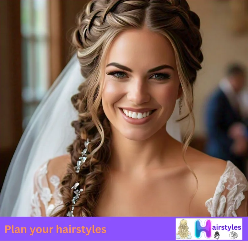 Bride with a half-up braided hairstyle decorated with baby's breath, offering a natural and relaxed charm.