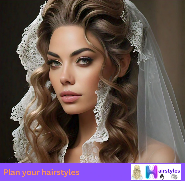 Bride with cascading layered curls in a gathered side style, complementing an extravagant wedding gown.