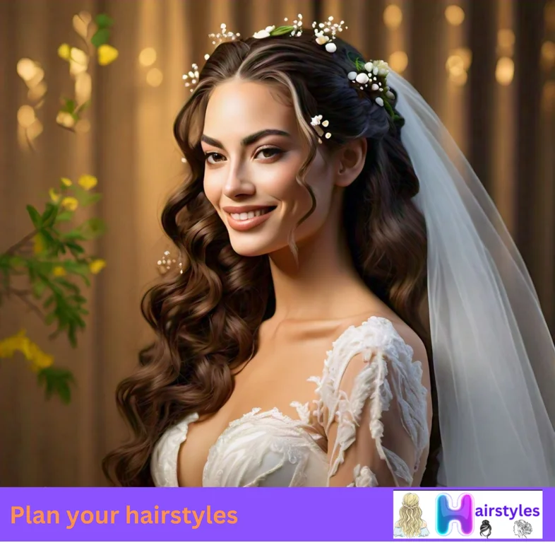 Bride with soft, loose curls styled down, enhanced with a delicate headband for a romantic wedding look.