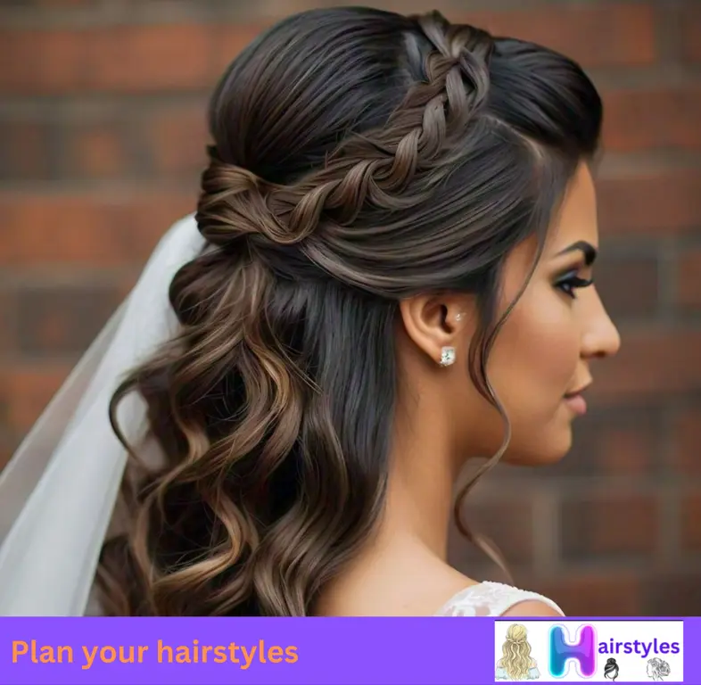 Bride with a twisted half-up hairstyle, keeping long locks styled yet practical for the wedding ceremony.