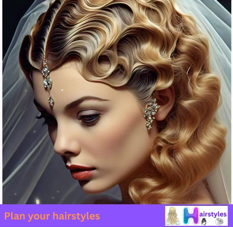 Bride with vintage finger waves hairstyle, featuring glossy, defined waves and adorned with a delicate sparkling comb, exuding 1920s Hollywood glamour.